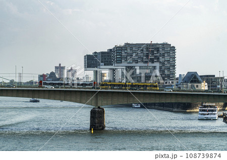 View of the Rhine River, Deutz Bridge and the Kranhaus office center, Cologne Germany View of the Rhine River, Deutz Bridge and the Kranhaus office center, Cologne Germany 108739874
