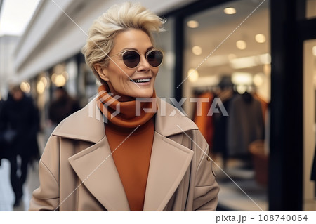 Joyful Mature Woman Adorned in Fashionable Coat Explores Shopping Deals at the Mall. created with Generative AI 108740064