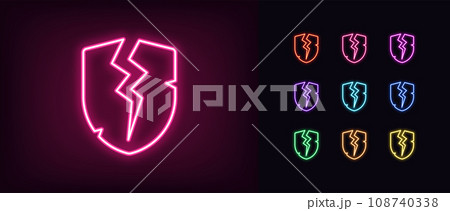Outline neon cracked shield icon set. Glowing neon broken shield, protection hack, damage system security. Hacking attempt, cyber attack, data guard destroy. Weak security, bad safety. Vector icon set Outline neon cracked shield icon set. Glowing neon broken shield, protection hack, damage system security. Hacking attempt, cyber attack, data guard destroy. Weak security, bad safety. Vector icon set 108740338