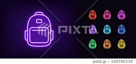 Outline neon backpack icon set. Glowing neon schoolbag sign, student knapsack, school satchel. Travel backpack and trip hand luggage, sport knapsack. Hiking rucksack and tourism bag. Vector icon set Outline neon backpack icon set. Glowing neon schoolbag sign, student knapsack, school satchel. Travel backpack and trip hand luggage, sport knapsack. Hiking rucksack and tourism bag. Vector icon set 108740339