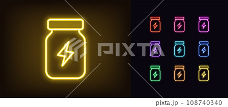 Outline neon energy supplement icon. Glowing neon bottle with lightning sign, sport nutrition. Energetic supplement for strength, speed and stamina. Sport medicine, bottle with pills. Vector icon set Outline neon energy supplement icon. Glowing neon bottle with lightning sign, sport nutrition. Energetic supplement for strength, speed and stamina. Sport medicine, bottle with pills. Vector icon set 108740340