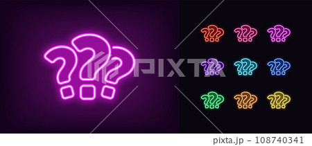 Outline 3 neon questions icon set. Glowing neon question marks, FAQ support, answer searching, questionnaire. Find problem decision. Unknown surprise, secret, mystery. Quest, puzzle and quiz. Vector Outline 3 neon questions icon set. Glowing neon question marks, FAQ support, answer searching, questionnaire. Find problem decision. Unknown surprise, secret, mystery. Quest, puzzle and quiz. Vector 108740341