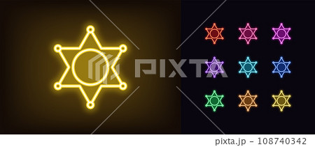 Outline neon sheriff star icon set. Glowing neon sheriff badge, police department and officer sign, law star. Gaming cowboy western, Wild West. Wanted star, game pursuit and chasing. Vector icon set Outline neon sheriff star icon set. Glowing neon sheriff badge, police department and officer sign, law star. Gaming cowboy western, Wild West. Wanted star, game pursuit and chasing. Vector icon set 108740342