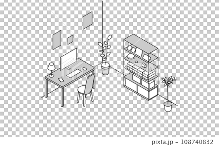 房間查找器：書房、辦公桌和書架的簡單等軸測圖 108740832