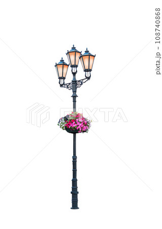 vintage street lamp with petunia flowers isolated on white 108740868