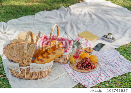 Picnic basket with fruit and bakery on a blanket in the park. Summer picnic with fresh fruits and croissants in the garden Picnic basket with fruit and bakery on a blanket in the park. Summer picnic with fresh fruits and croissants in the garden 108741687