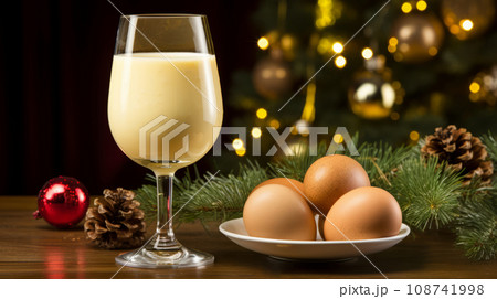 Delicious eggnog with cinnamon and nutmeg for winter holidays. Christmas traditional eggnog in glass. Christmas Drink Recipe 108741998