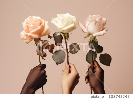 Close up of different skin color hands holding beautiful roses. 108742248