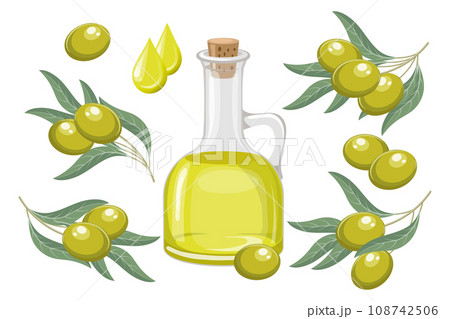 Set of green olives. Olive oil, drops of oil and twigs with olives and leaves. Food illustration, vector Set of green olives. Olive oil, drops of oil and twigs with olives and leaves. Food illustration, vector 108742506