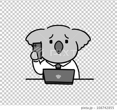 Working koala character talking on the phone while operating a PC 108742855