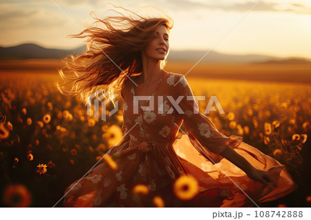 Sunset Serenade Enchanting Woman Dancing in a Field of Flowers at Dusk. created with Generative AI 108742888