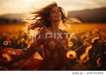 Sunset Serenade Enchanting Woman Dancing in a Field of Flowers at Dusk. created with Generative AI 108742889