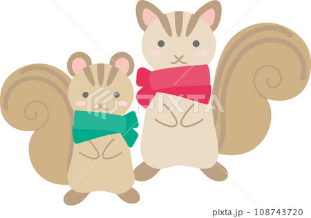 リス二匹_赤いマフラーを巻いたリスと緑のマフラーを巻いたリス 108743720