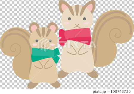 リス二匹_赤いマフラーを巻いたリスと緑のマフラーを巻いたリス 108743720