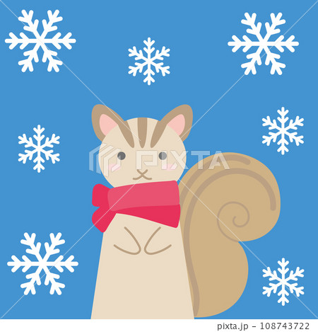 クリスマス模様アイコン_雪が降る中マフラーを巻いたリス_背景色ブルー クリスマス模様アイコン_雪が降る中マフラーを巻いたリス_背景色ブルー 108743722