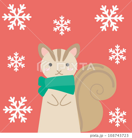 クリスマス模様アイコン_雪が降る中マフラーを巻いたリス_背景色クリスマスレッド 108743723