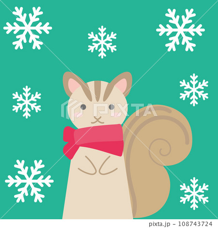 クリスマス模様アイコン_雪が降る中マフラーを巻いたリス_背景色クリスマスグリーン 108743724