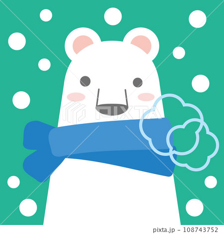 クリスマス模様アイコン_雪が降る中マフラーを巻いた寒そうなシロクマ_背景色クリスマスグリーン 108743752
