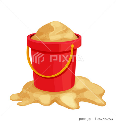 Red bucket on golden sand, toy in cartoon style isolated on white background. Kid summer game outdoors. Red bucket on golden sand, toy in cartoon style isolated on white background. Kid summer game outdoors. 108743753