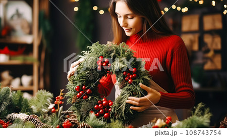Cute young woman florist makes and decorates a Christmas wreath from fir branches with red berries and holly branches. Cute young woman florist makes and decorates a Christmas wreath from fir branches with red berries and holly branches. 108743754