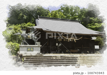 水彩画風　新見船川八幡宮　社殿　岡山県新見市 108743943