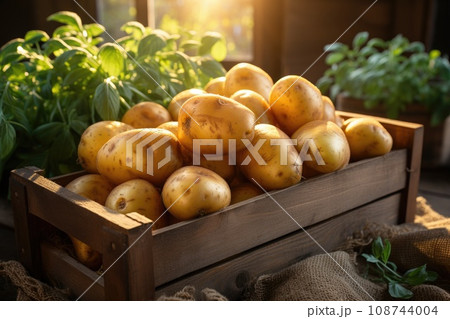Ripe potatoes in a wooden box. Generative AI 108744004