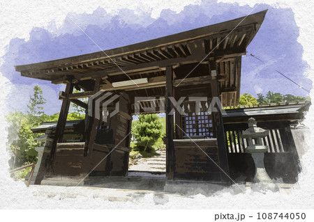 水彩画風　新見船川八幡宮　随身門　岡山県新見市 108744050
