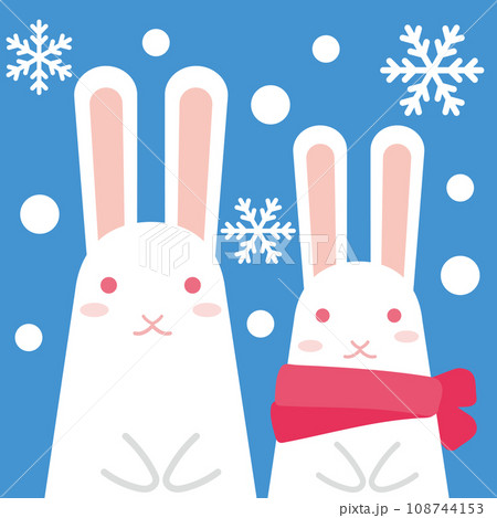 クリスマス模様アイコン_雪の中の白うさぎ2匹_背景色ブル 108744153
