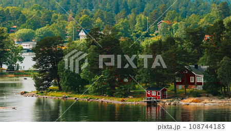 Swedish Wooden Sauna Logs Cabins Houses On Island Coast In Summe Swedish Wooden Sauna Logs Cabins Houses On Island Coast In Summe 108744185