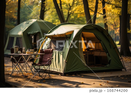 Camping picnic tent campground in outdoor hiking forest. Generative AI 108744200