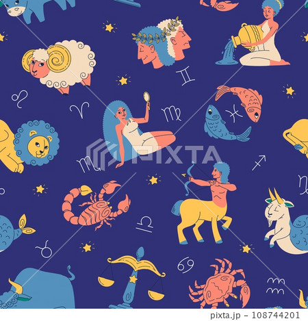 Zodiac signs seamless pattern. Night sky with astrological symbols and stars, funny horoscope elements, cute leo, virgo and aries. Decor textile, wrapping paper, wallpaper. Vector background 108744201