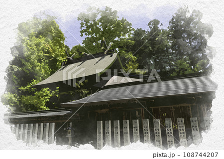 水彩画風　新見船川八幡宮　本殿　岡山県新見市 108744207