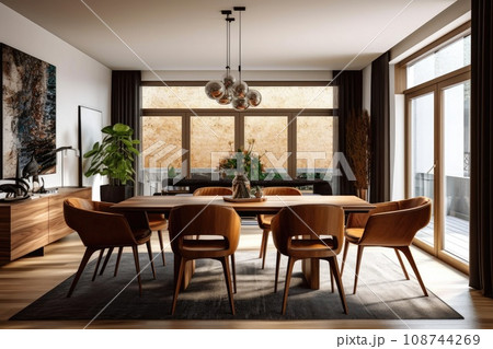 Interior design of modern dining room, wooden table and brown chairs. Generative AI Interior design of modern dining room, wooden table and brown chairs. Generative AI 108744269