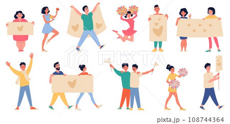 Peaceful parade participants. Happy people with flags, banners and posters, residents crowd on festival, demonstration for love, men and women cartoon flat style isolated vector set 108744364