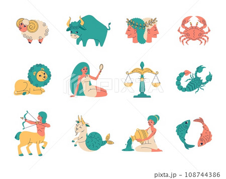 Cute zodiac signs. Funny astrological icons, traditional horoscope symbols, cartoon style aries, taurus, gemini and cancer, funny leo and scorpio cartoon flat isolated minimal vector set 108744386