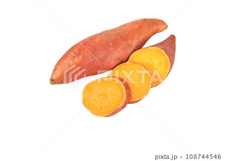 Sweet potato or sweetpotato whole and sliced tubes isolated on white 108744546
