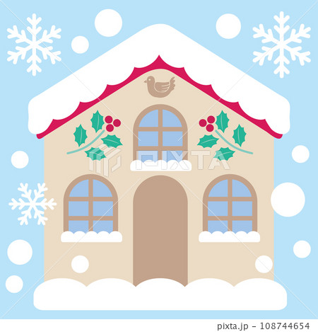 雪の積もった冬の家の風景イラスト_クリスマス模様アイコン_雪の積もった家_背景水色 108744654
