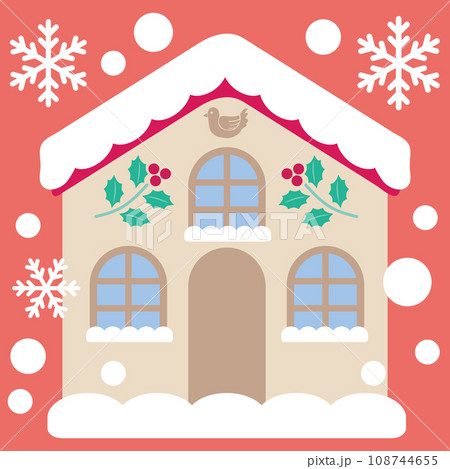 雪の積もった冬の家の風景イラスト_クリスマス模様アイコン_雪の積もった家_背景クリスマスレッド 108744655