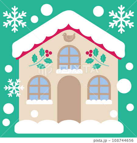 クリスマス模様アイコン_雪の積もった家_背景クリスマスグリーン クリスマス模様アイコン_雪の積もった家_背景クリスマスグリーン 108744656