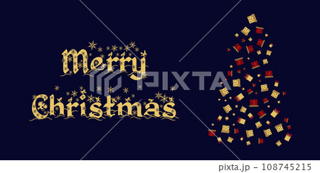 Decorated Christmas tree on a dark background. Christmas tree of gifts dark blue background. Design postcard flyer, coupon. Conception holiday. Vector illustration. 108745215