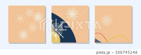 Square winter post templates for social networks. Golden Christmas ball and snowflakes on a light pink abstract background. Christmas winter theme. Banner design. Vector illustration. 108745248