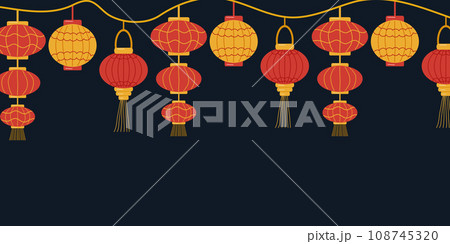 Background of Chinese lanterns. Street Lighting Garland. Chinese New Year. Design website, banner, poster. Color vector illustration. Background of Chinese lanterns. Street Lighting Garland. Chinese New Year. Design website, banner, poster. Color vector illustration. 108745320