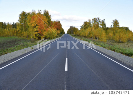 Beautiful autumn asphalt road through the forest. Highway is a road in a beautiful countryside. 108745471