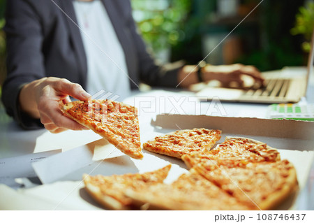 Modern bookkeeper woman in grey business suit in green office 108746437