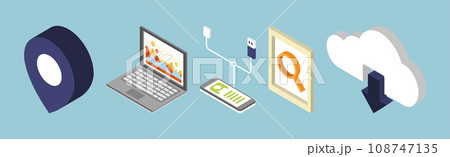Business Infographics Element Design with Chart, Cloud Storage and Electronic Device Isometric Vector Set 108747135