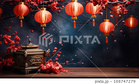 Red paper lanterns in traditional Asian style, dark background. Chinese Lantern Festival. New Year abstract background Red paper lanterns in traditional Asian style, dark background. Chinese Lantern Festival. New Year abstract background 108747279