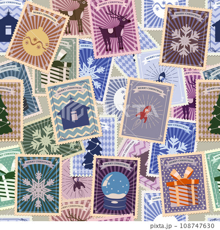 Postal stamp seamless pattern Christmas old postage stamps 108747630