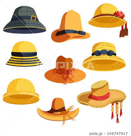 Cartoon Color Different Straw Hats Icons Set Head Accessory Concept Flat Design Style. Vector illustration of Female Straw Cap Cartoon Color Different Straw Hats Icons Set Head Accessory Concept Flat Design Style. Vector illustration of Female Straw Cap 108747917