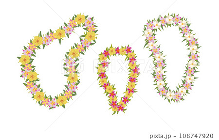 Cartoon Color Hawaiian Tropical Floral Garlands Set Summer Vacation Concept Flat Design Style. Vector illustration Necklace of Flowers 108747920