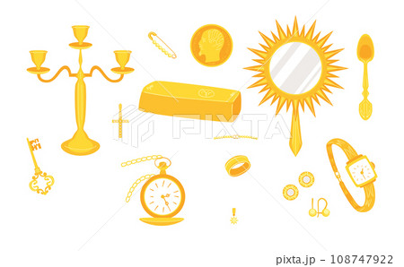 Cartoon Color Gold Accessories and Jewelry Icons Set Concept Flat Design Style Include of Candelabrum, Ring and Earrings. Vector illustration Cartoon Color Gold Accessories and Jewelry Icons Set Concept Flat Design Style Include of Candelabrum, Ring and Earrings. Vector illustration 108747922